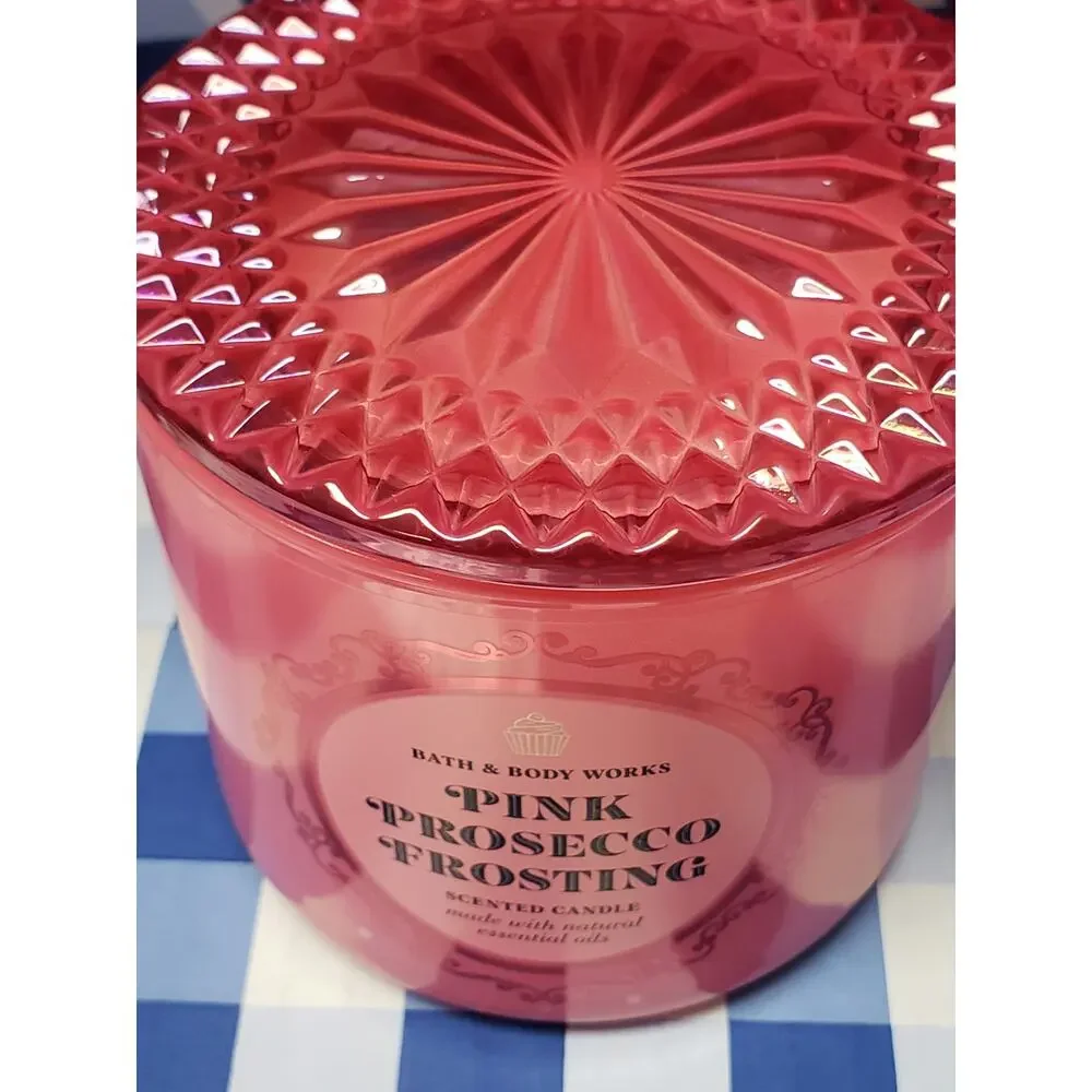 BBW Pink Prosecco Frosting Glass Lid Large 3 Wick Candle Home Fragrance Decor